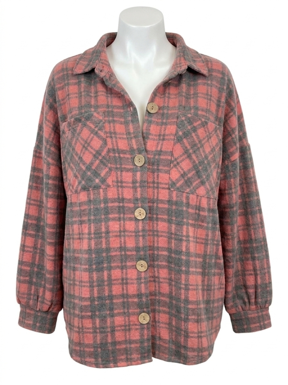 NEW HONEYME buffalo plaid fleece button shirt jacket in pink plaid